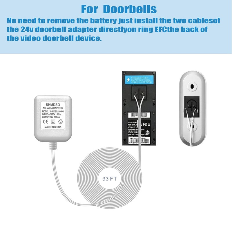 SHMDSO 24V Doorbell Transformer，33 Feet Length Output Line 24V500mA Video Doorbell Power Adapter, Compatible with Arlo, Nest, Wyze, Eufy, Ring Doorbell Power Supply （White 33 feet） - Image 3